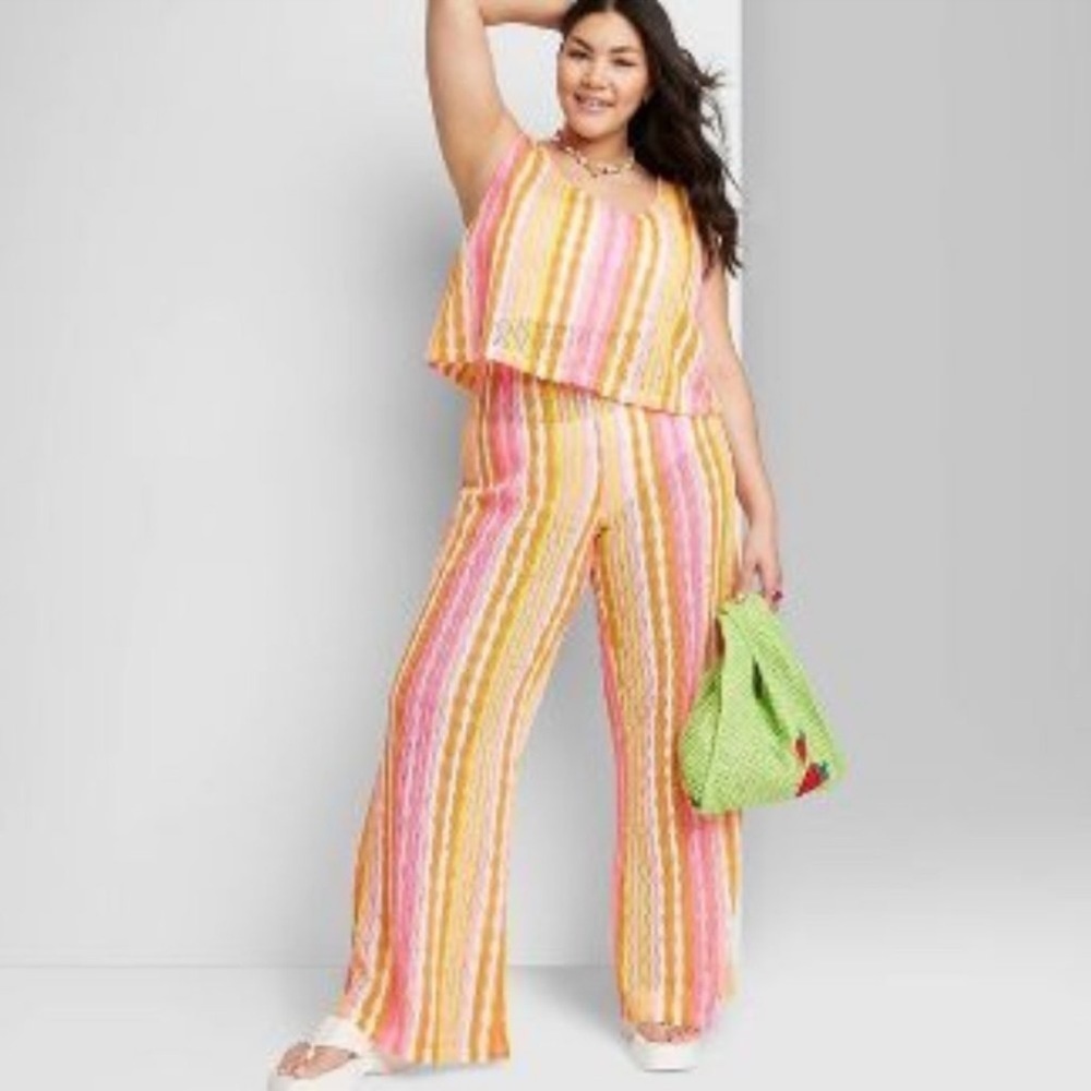 Wild Fable High-Rise Crochet Knit Flare Pants Cool Multi Striped